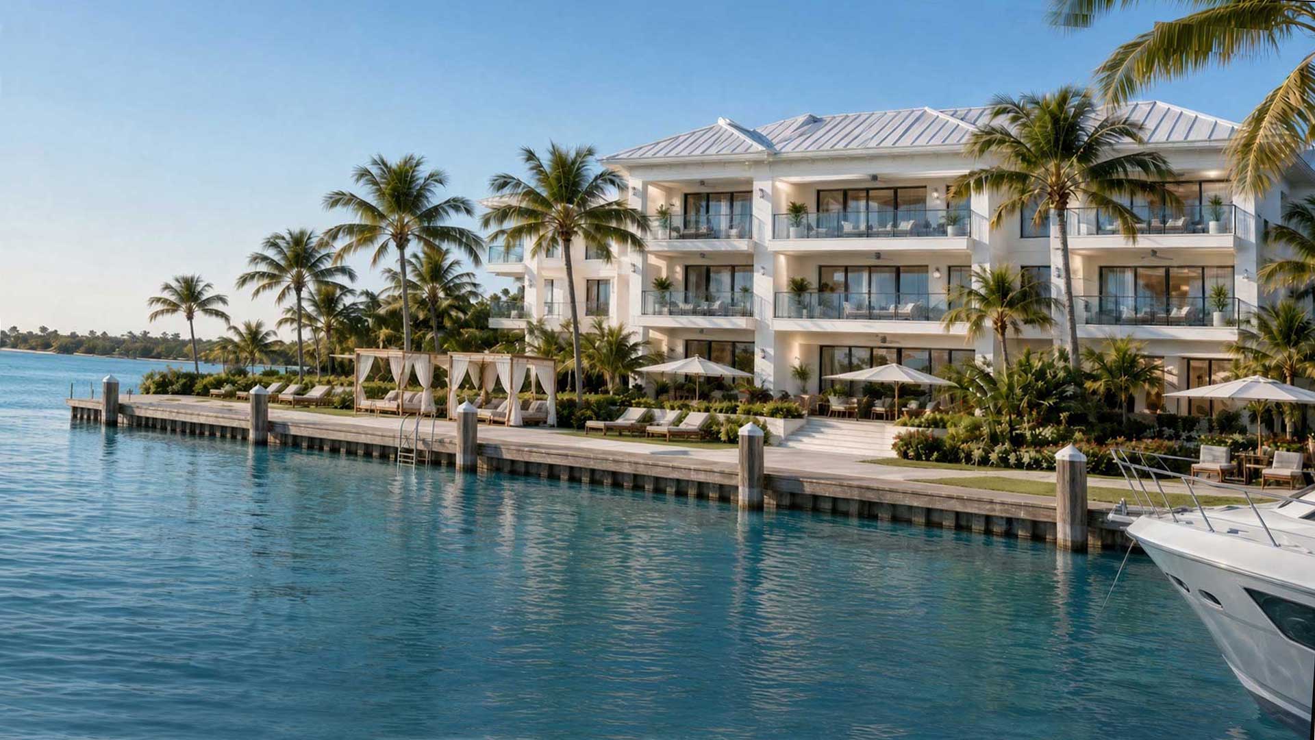 Waterfront residences with palms along a dock, and a yacht on turquoise water