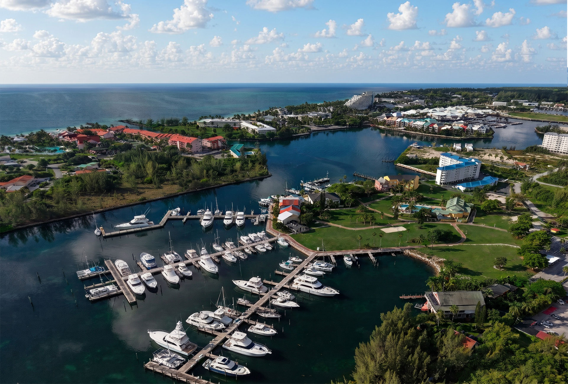 Aerial view of the Grand Bahama Yacht Club marina, docks, and coastline