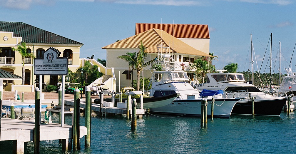 Grand Bahama Yacht Club docks and marina village from the water