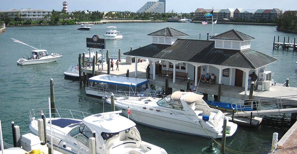 Fuel dock and marina boats at Grand Bahama Yacht Club