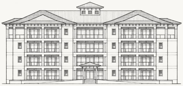 Architectural elevation drawing of the four-level residence building