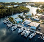 Aerial view of boats along the marina canal