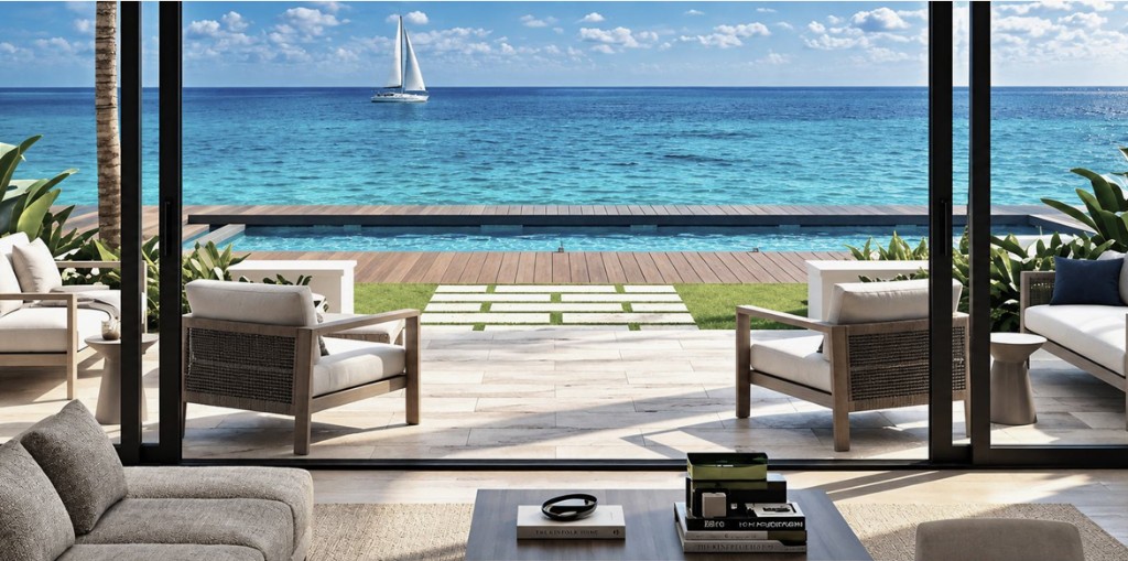 An open living room looking out to a pool, deck, and a sailboat on turquoise water