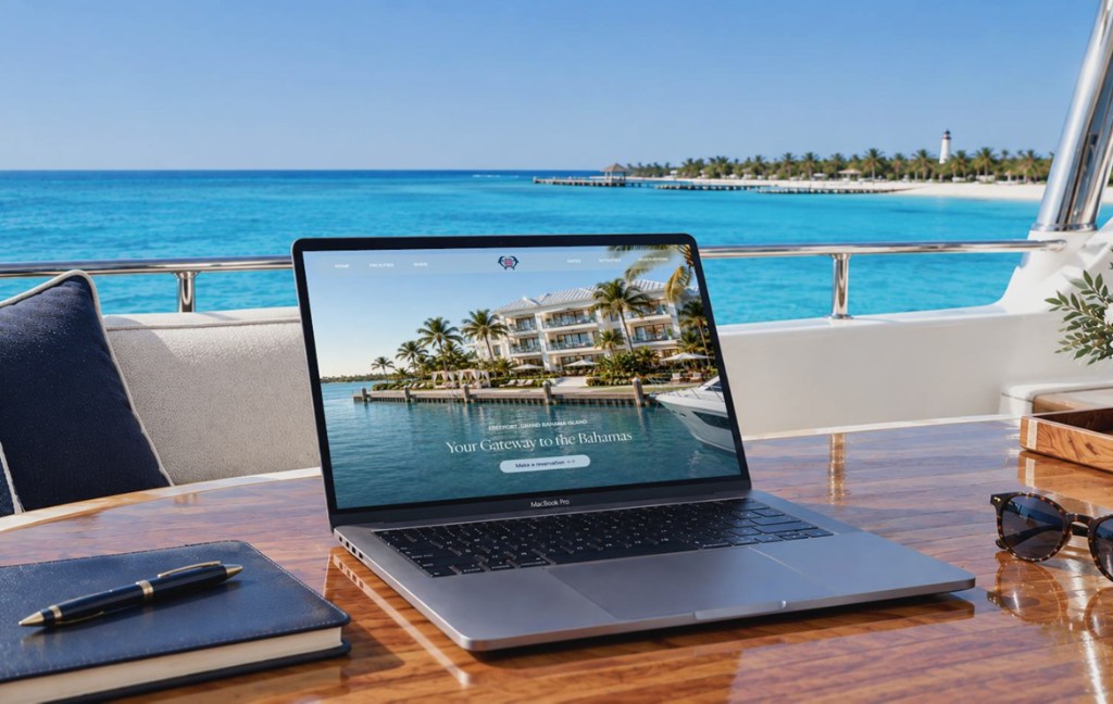 A laptop on a yacht table, open to Grand Bahama Yacht Club, with turquoise water beyond the rail