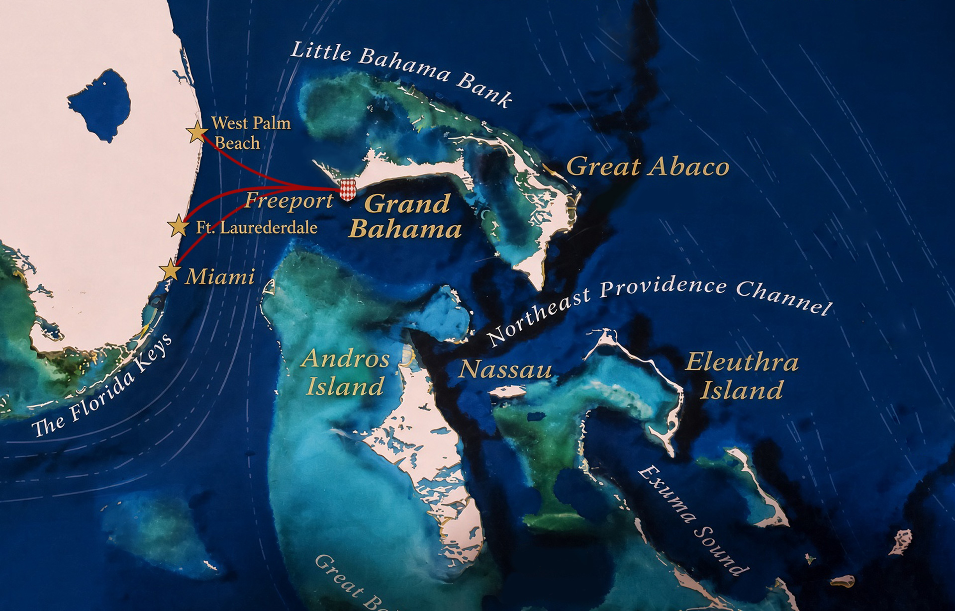 Map of Florida and the Bahamas with routes from West Palm Beach, Ft. Lauderdale, and Miami to Freeport on Grand Bahama