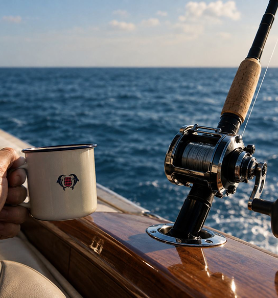 A club mug and fishing reel on a wooden gunwale