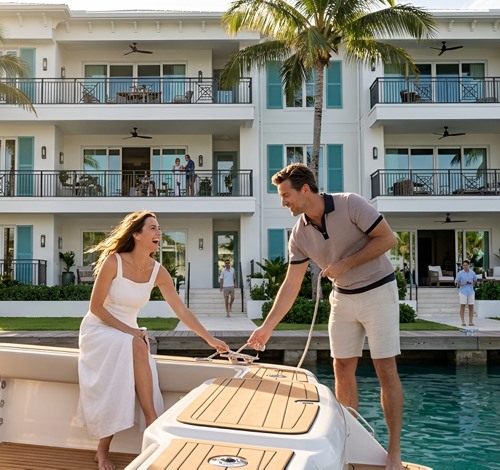 A couple tying up a boat at the dock in front of the residences