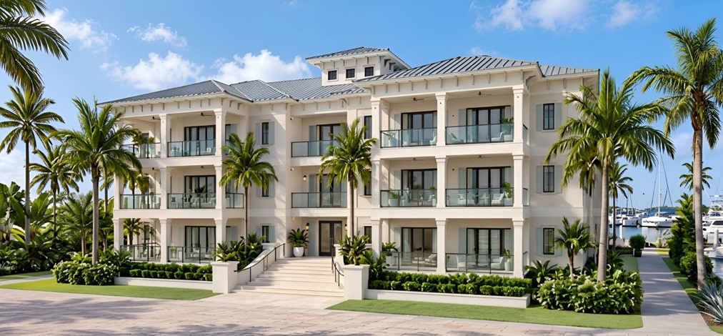 Rendering of canal-front residences with balconies, shutters and a palm tree